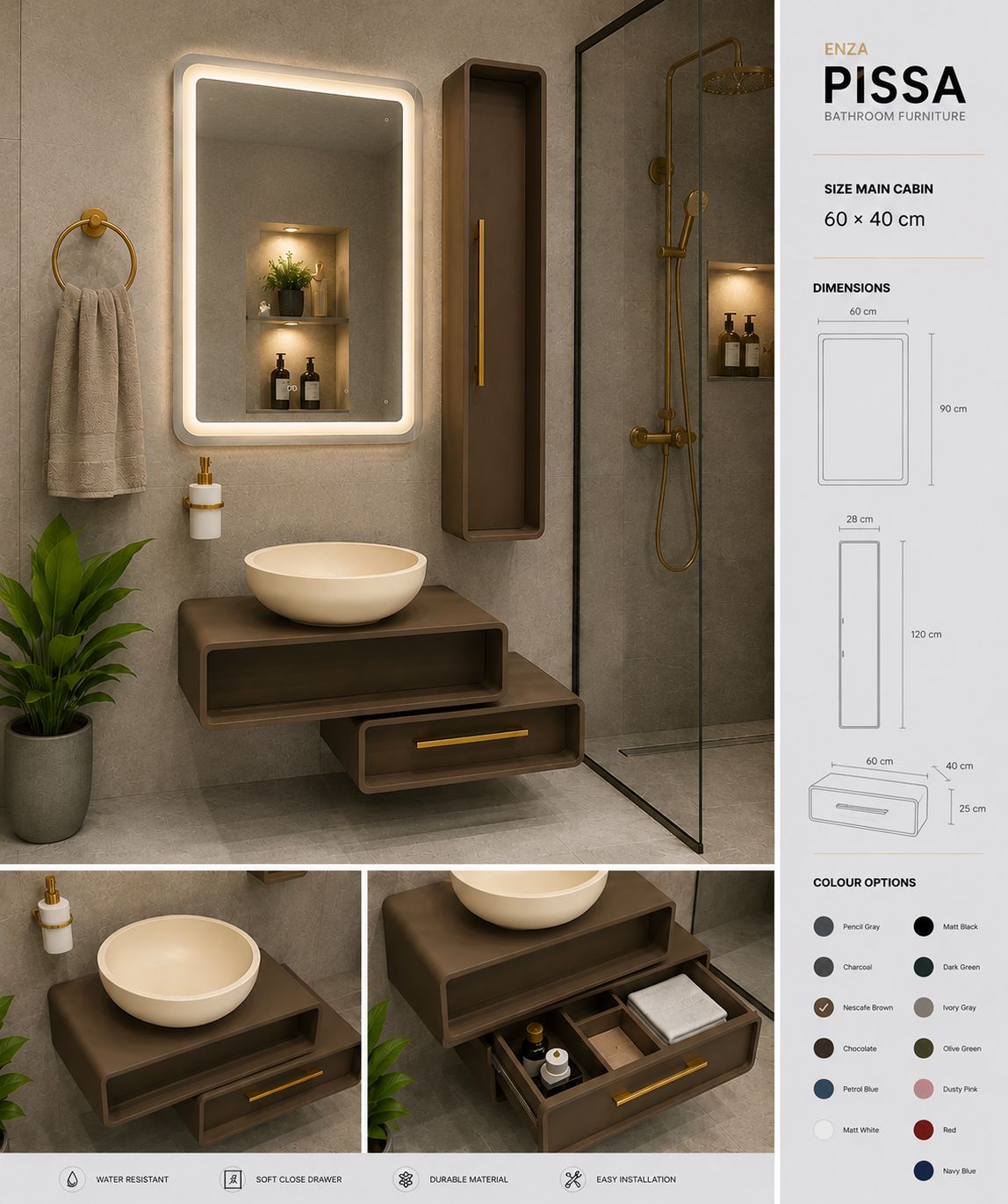 روشویی کابینتی پیزا برند انزا سایز90